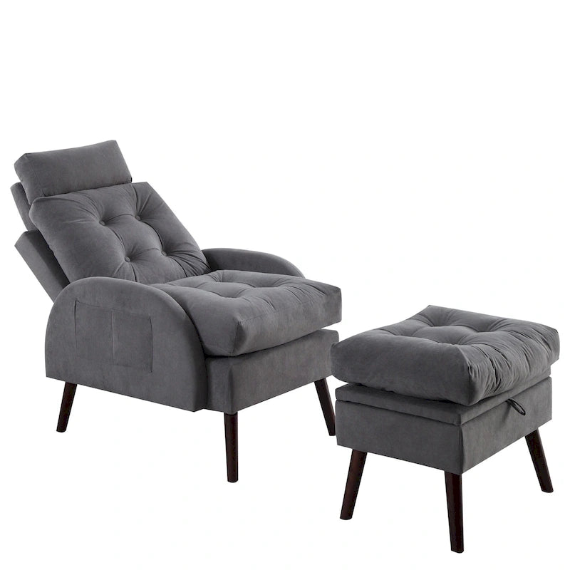 Un fauteuil inclinable rembourré avec dossier réglable et un repose-pieds de rangement.