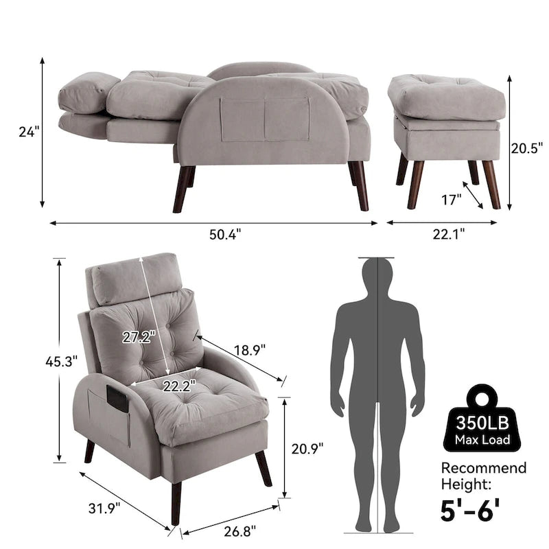 Un fauteuil inclinable rembourré avec dossier réglable et un repose-pieds de rangement.
