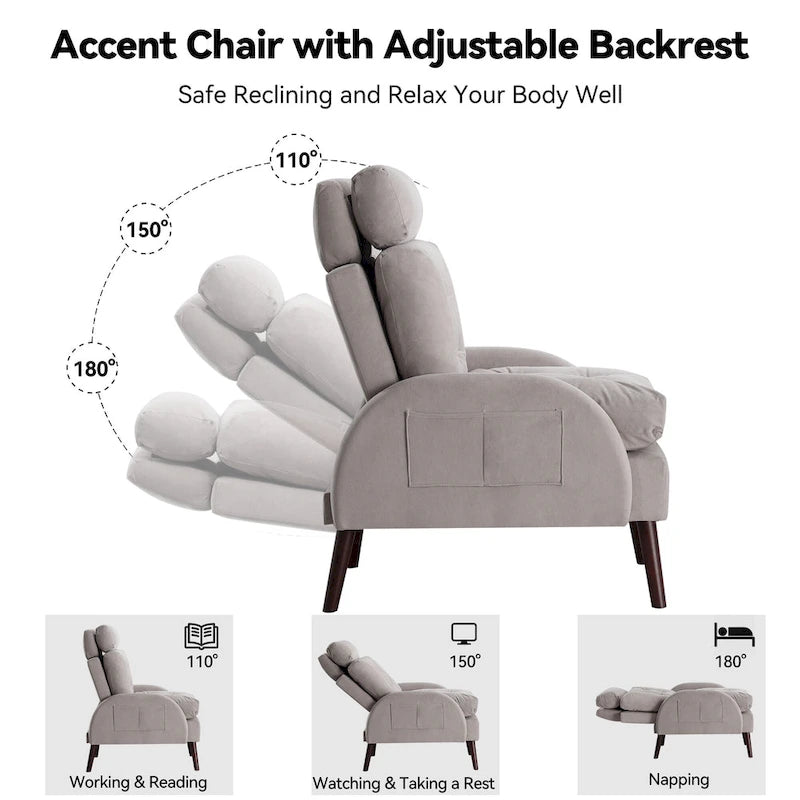 Un fauteuil inclinable rembourré avec dossier réglable et un repose-pieds de rangement.