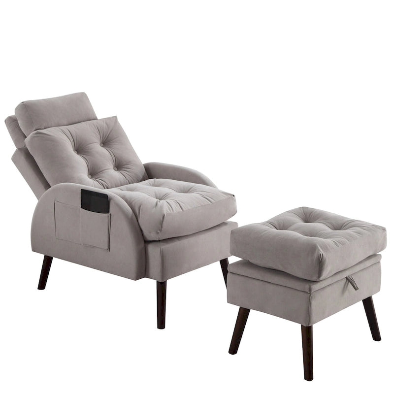 Un fauteuil inclinable rembourré avec dossier réglable et un repose-pieds de rangement.