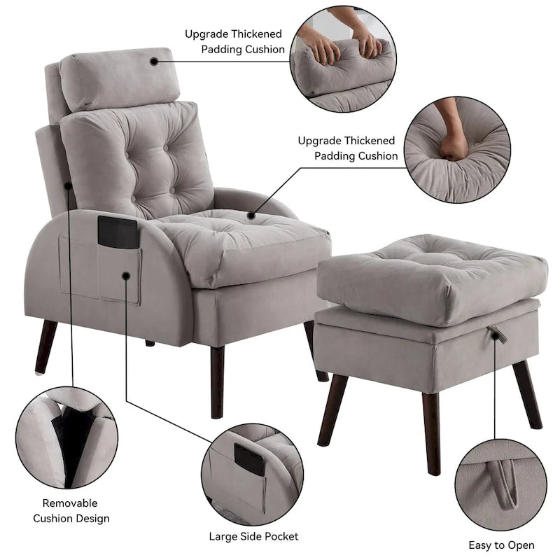 Un fauteuil inclinable rembourré avec dossier réglable et un repose-pieds de rangement.