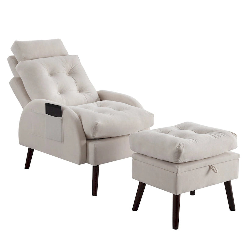 Un fauteuil inclinable rembourré avec dossier réglable et un repose-pieds de rangement.