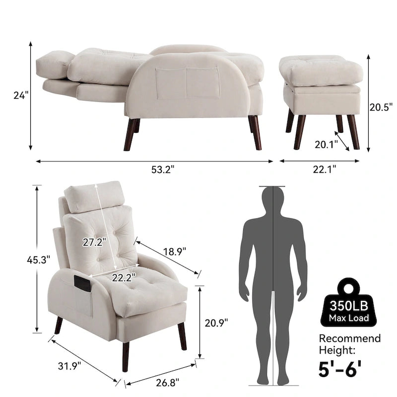 Un fauteuil inclinable rembourré avec dossier réglable et un repose-pieds de rangement.