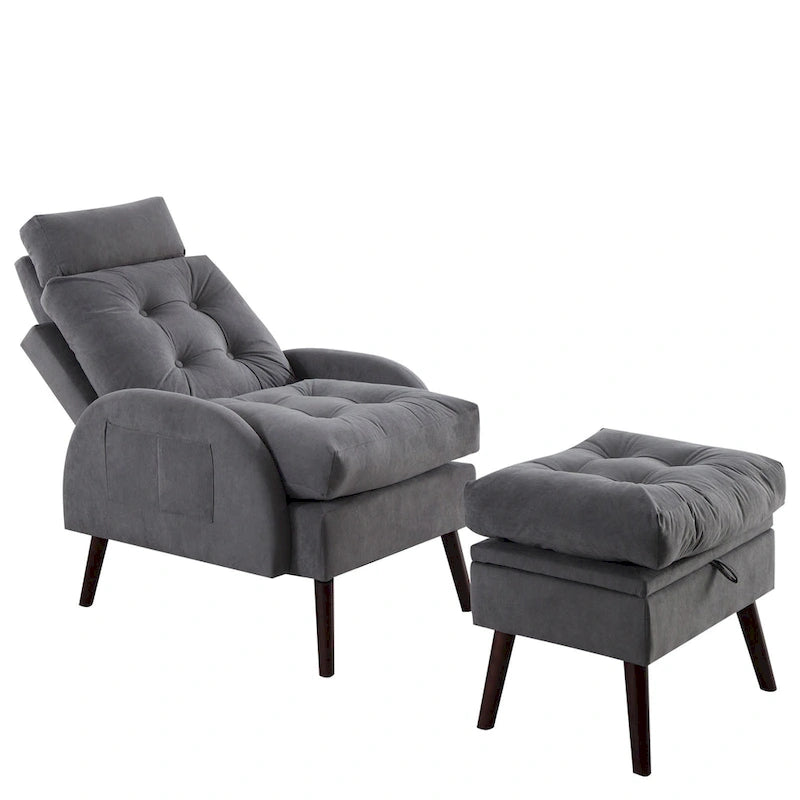 Un fauteuil inclinable rembourré avec dossier réglable et un repose-pieds de rangement.