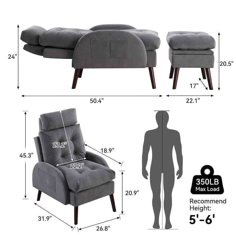 Un fauteuil inclinable rembourré avec dossier réglable et un repose-pieds de rangement.