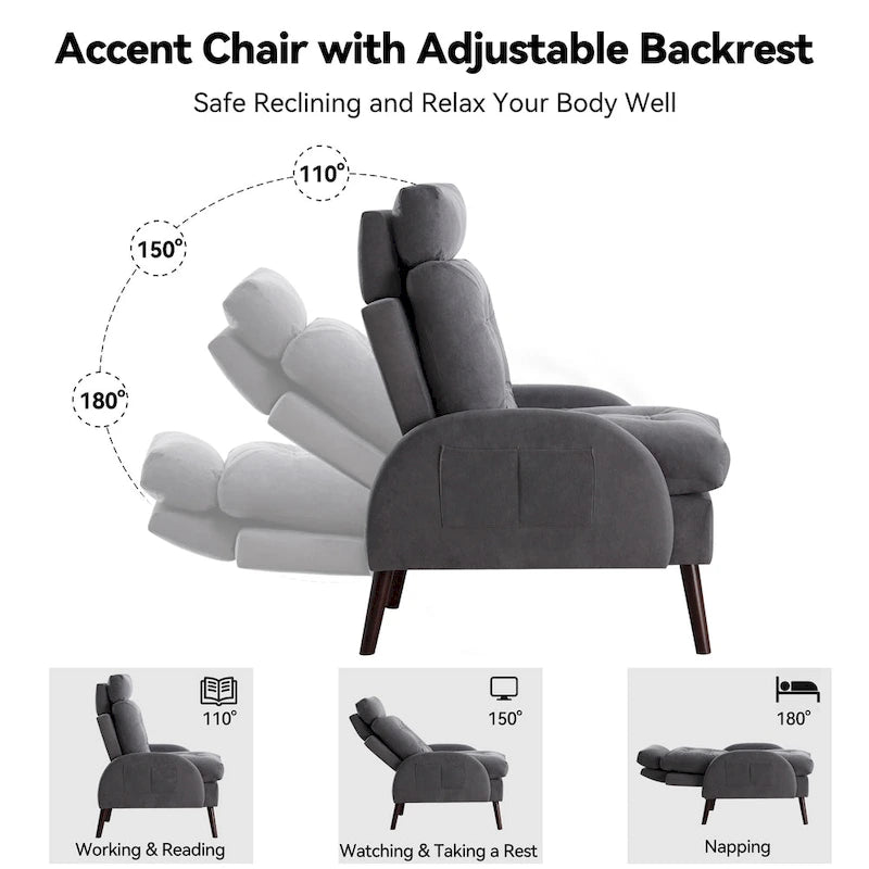 Un fauteuil inclinable rembourré avec dossier réglable et un repose-pieds de rangement.