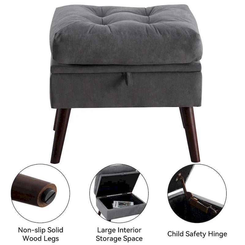 Un fauteuil inclinable rembourré avec dossier réglable et un repose-pieds de rangement.