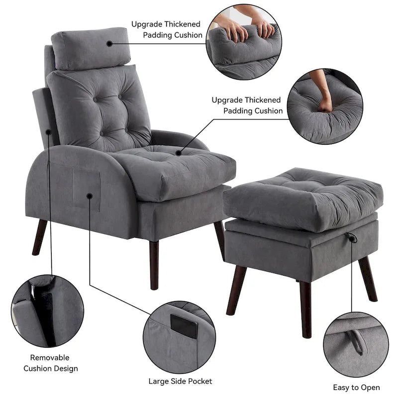 Un fauteuil inclinable rembourré avec dossier réglable et un repose-pieds de rangement.