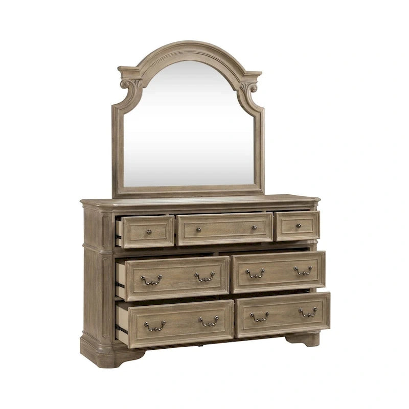 Lit capitonné Magnolia Manor, et ensemble commode et miroir