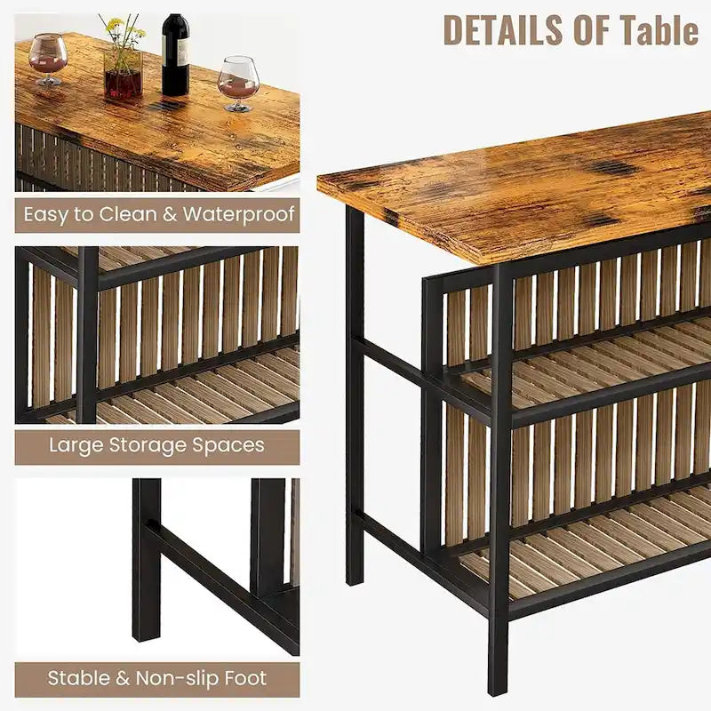 Îlot de cuisine avec deux tabourets de bar et des étagères ouvertes.