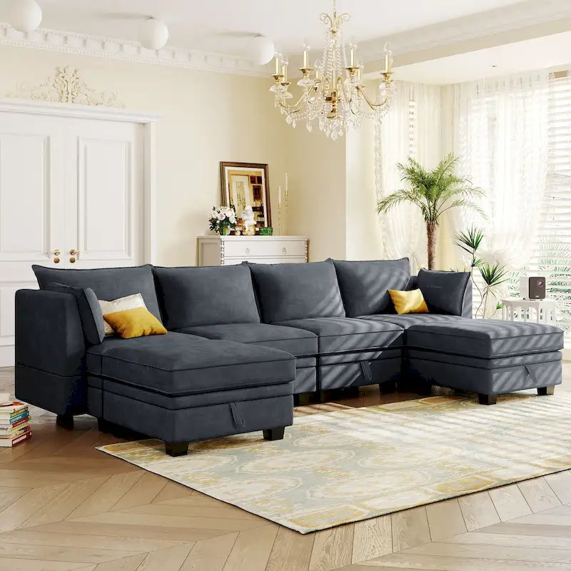 Canapé modulable moderne en U, convertible en lit, avec méridienne relevable, adapté au salon, avec assise de rangement.