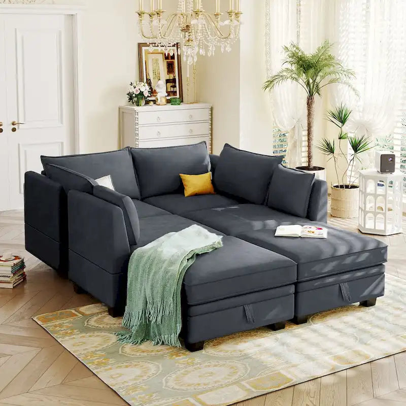 Canapé modulable moderne en U, convertible en lit, avec méridienne relevable, adapté au salon, avec assise de rangement.