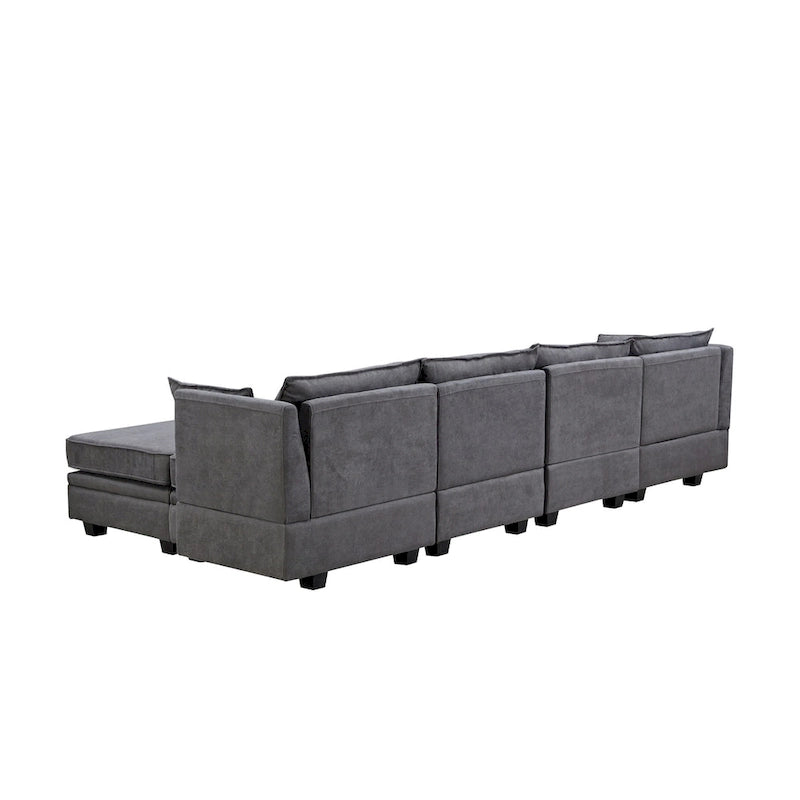 Canapé modulable moderne en U, convertible en lit, avec méridienne relevable, adapté au salon, avec assise de rangement.