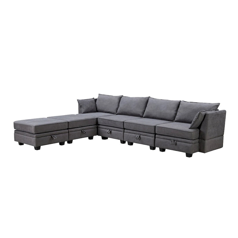 Canapé modulable moderne en U, convertible en lit, avec méridienne relevable, adapté au salon, avec assise de rangement.