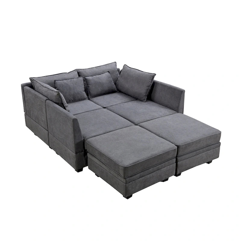 Canapé modulable moderne en U, convertible en lit, avec méridienne relevable, adapté au salon, avec assise de rangement.
