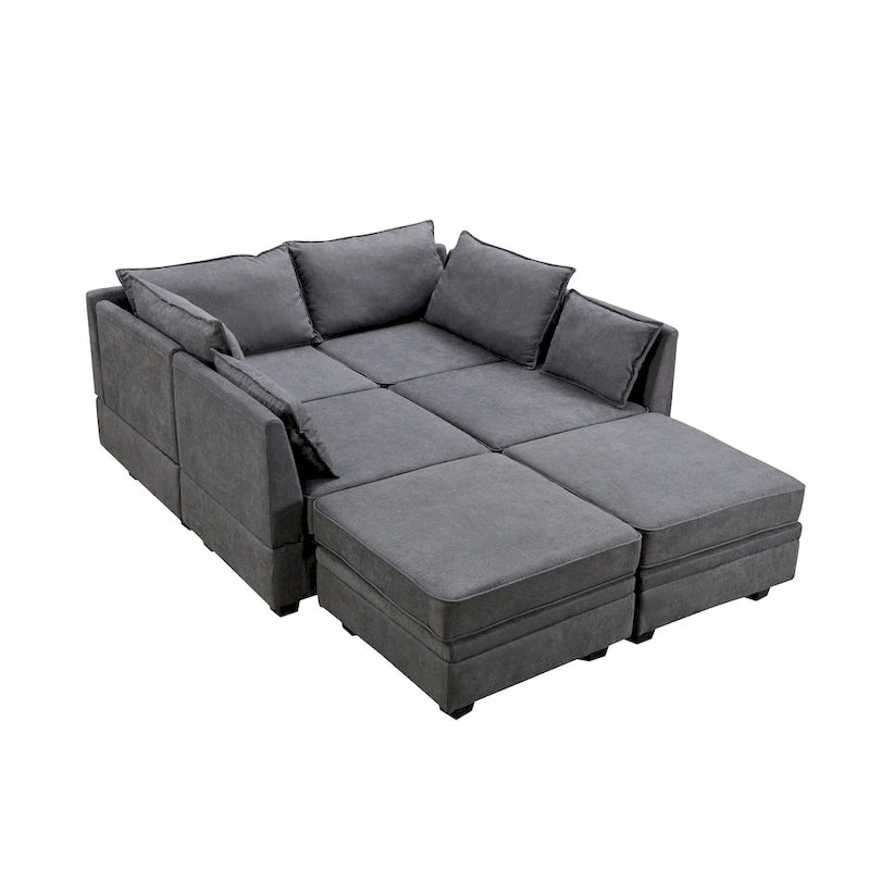 Canapé modulable moderne en U, convertible en lit, avec méridienne relevable, adapté au salon, avec assise de rangement.