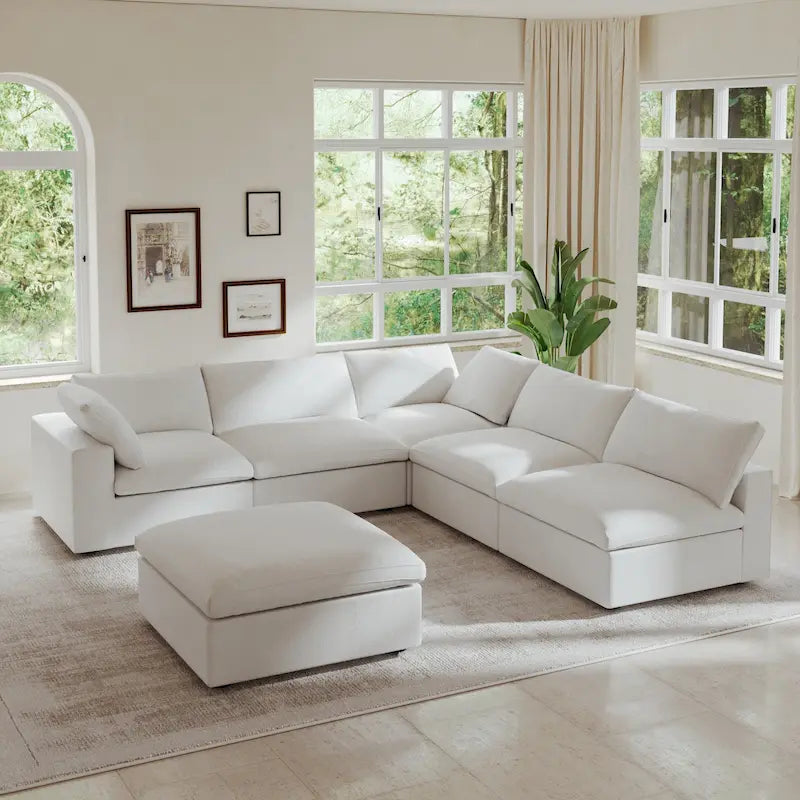 Canapé d'angle en plumes, 5 places, avec pouf