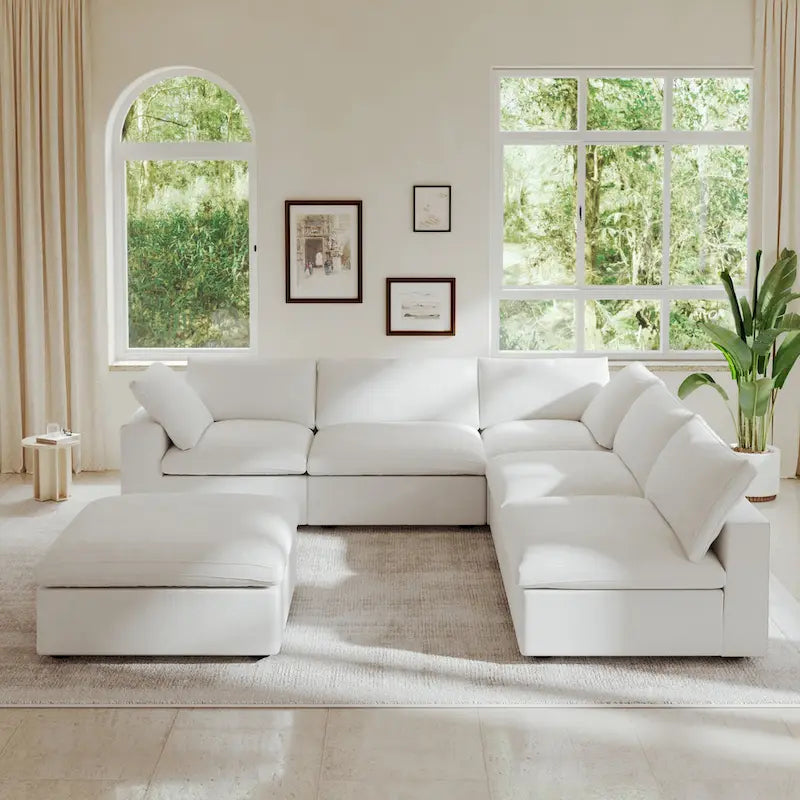 Canapé d'angle en plumes, 5 places, avec pouf
