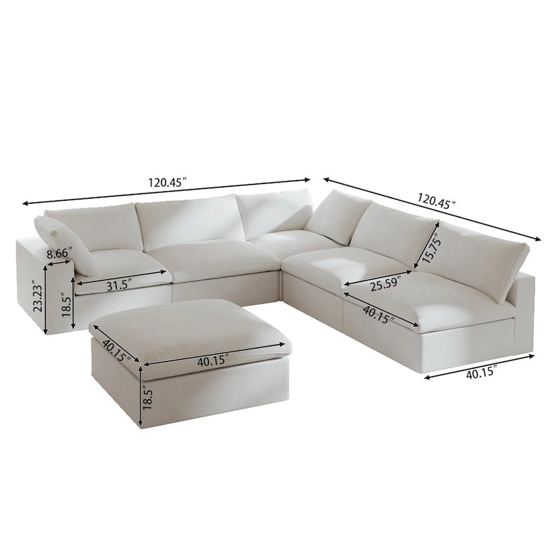 Canapé d'angle en plumes, 5 places, avec pouf