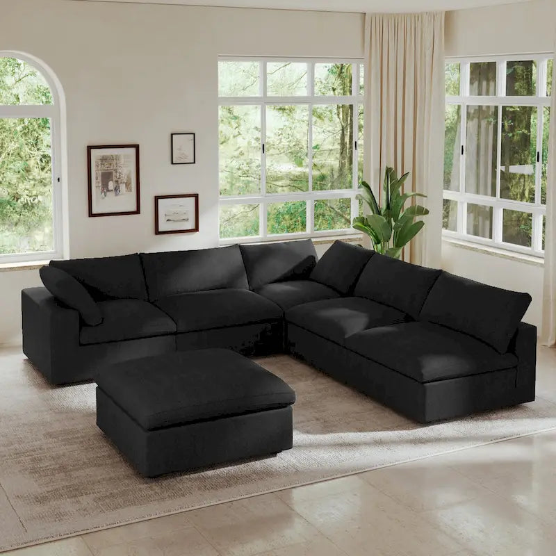 Canapé d'angle en plumes, 5 places, avec pouf