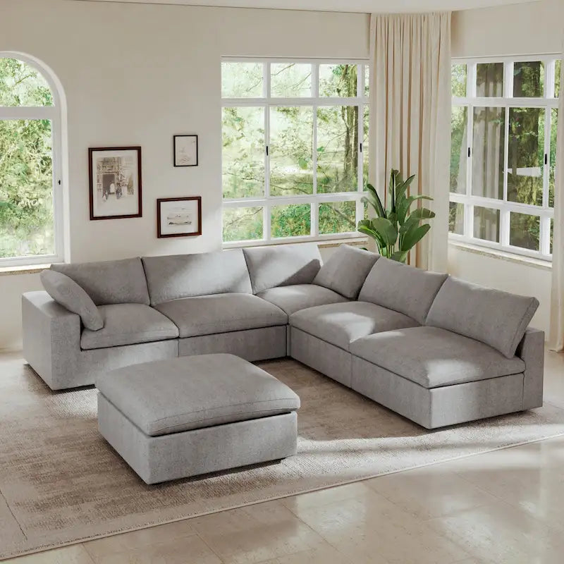 Canapé d'angle en plumes, 5 places, avec pouf