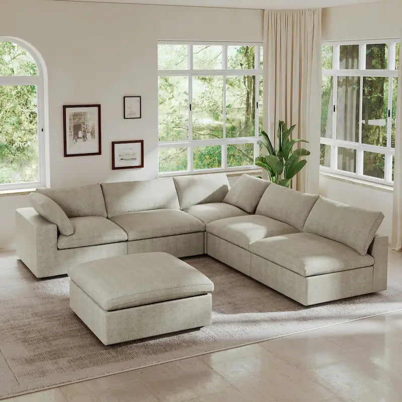 Canapé d'angle en plumes, 5 places, avec pouf