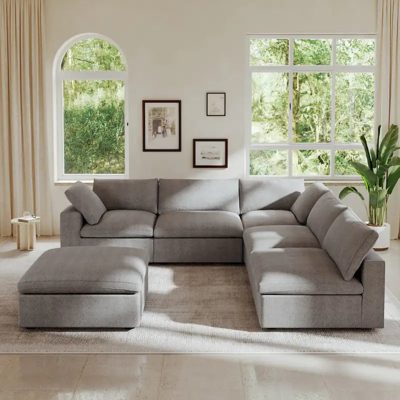 Canapé d'angle en plumes, 5 places, avec pouf