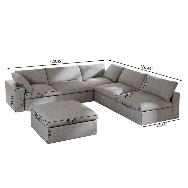 Canapé d'angle en plumes, 5 places, avec pouf