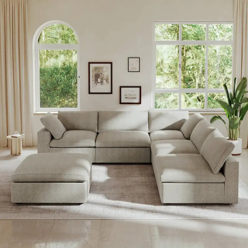 Canapé d'angle en plumes, 5 places, avec pouf