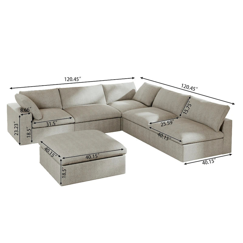 Canapé d'angle en plumes, 5 places, avec pouf