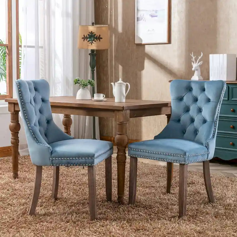 Set of 2 Linen Or Velvet Upholstered Dining Chairs with Nailhead Trim and Wooden Legs
