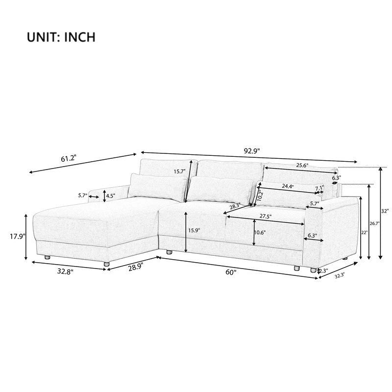 Canapé d'angle modulaire en forme de L de 92,9 po de largeur avec coussins et 3 oreillers