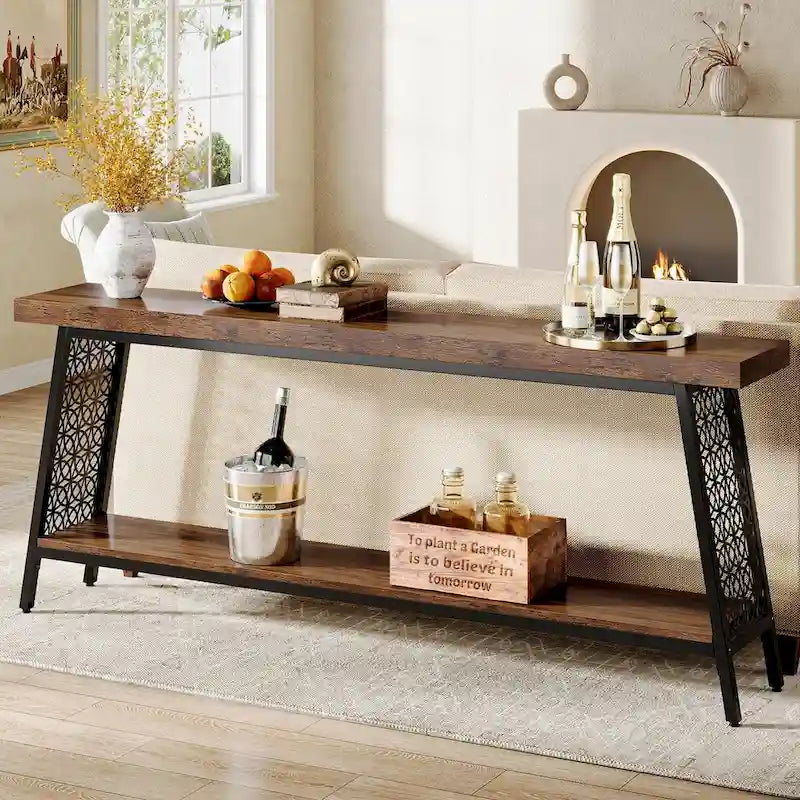 Table console de 70,9 pouces, table de canapé extra longue à 2 niveaux, table d'entrée industrielle