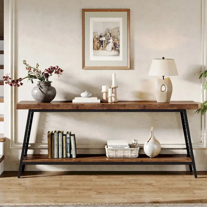 Table console de 70,9 pouces, table de canapé extra longue à 2 niveaux, table d'entrée industrielle
