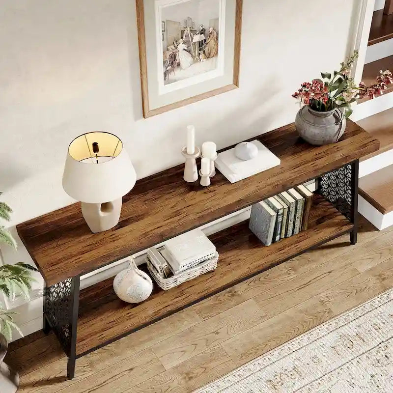 Table console de 70,9 pouces, table de canapé extra longue à 2 niveaux, table d'entrée industrielle