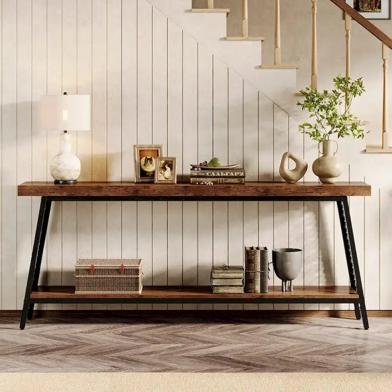 Table console de 70,9 pouces, table de canapé extra longue à 2 niveaux, table d'entrée industrielle