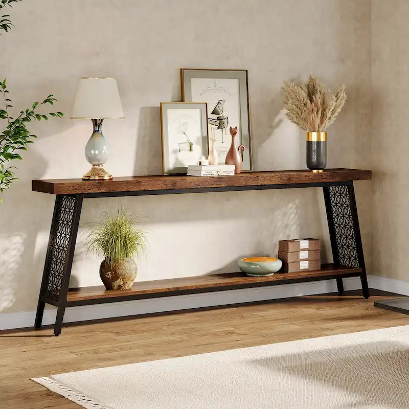 Table console de 70,9 pouces, table de canapé extra longue à 2 niveaux, table d'entrée industrielle