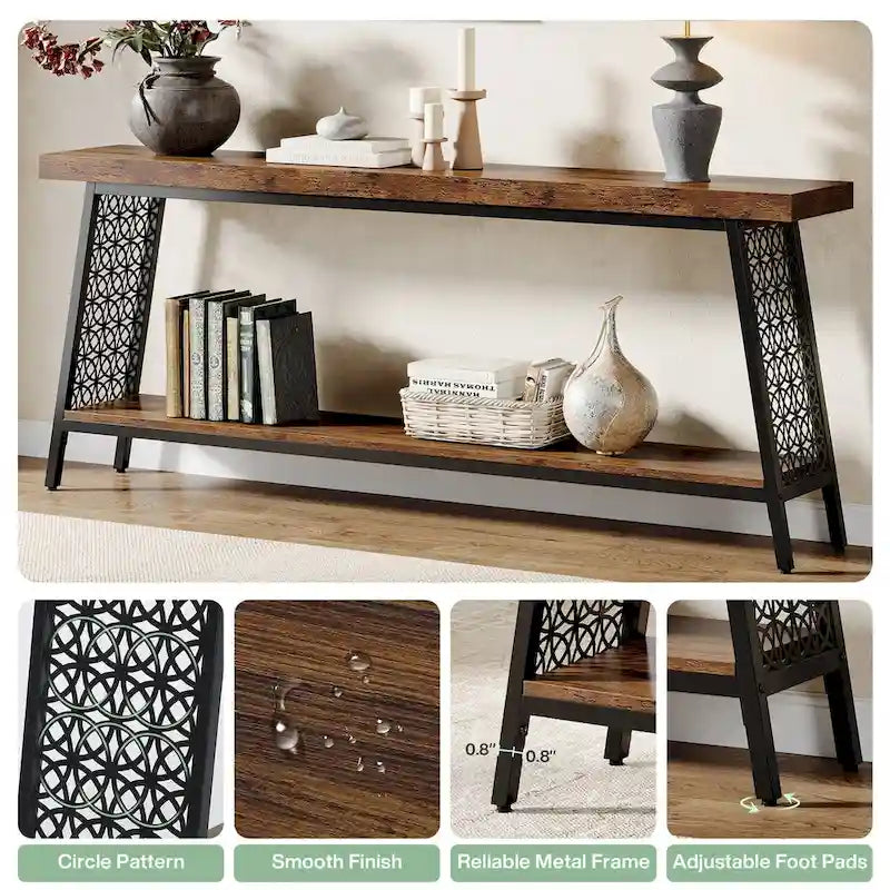 Table console de 70,9 pouces, table de canapé extra longue à 2 niveaux, table d'entrée industrielle