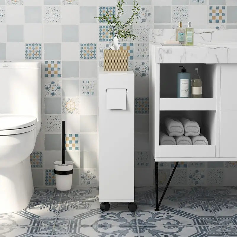 Porte-papier toilette, meuble-lavabo de salle de bain étroit avec 4 roulettes, petite armoire de rangement de salle de bain avec ouverture pour mouchoirs.