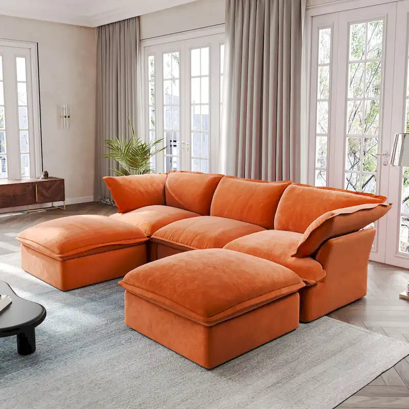 Canapé d'angle en U pour salon, canapé d'angle convertible en velours avec poufs