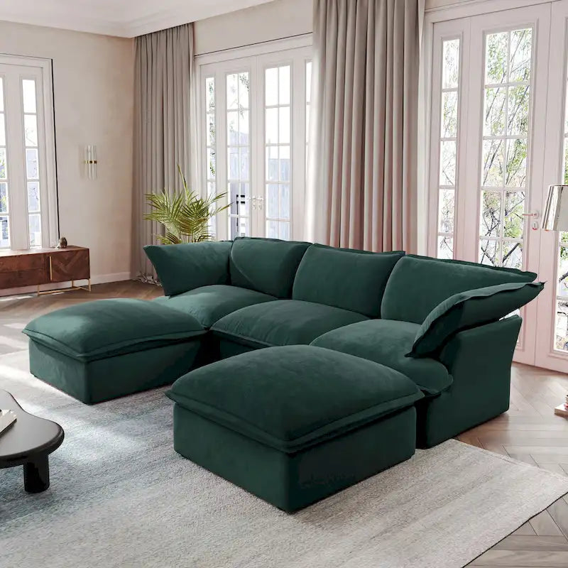 Canapé d'angle en U pour salon, canapé d'angle convertible en velours avec poufs