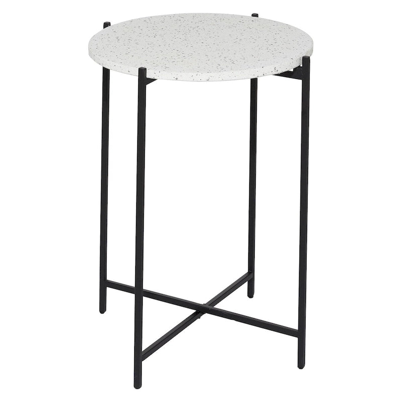 Table d'appoint terrazzo avec support métallique noir en forme de X - blanc