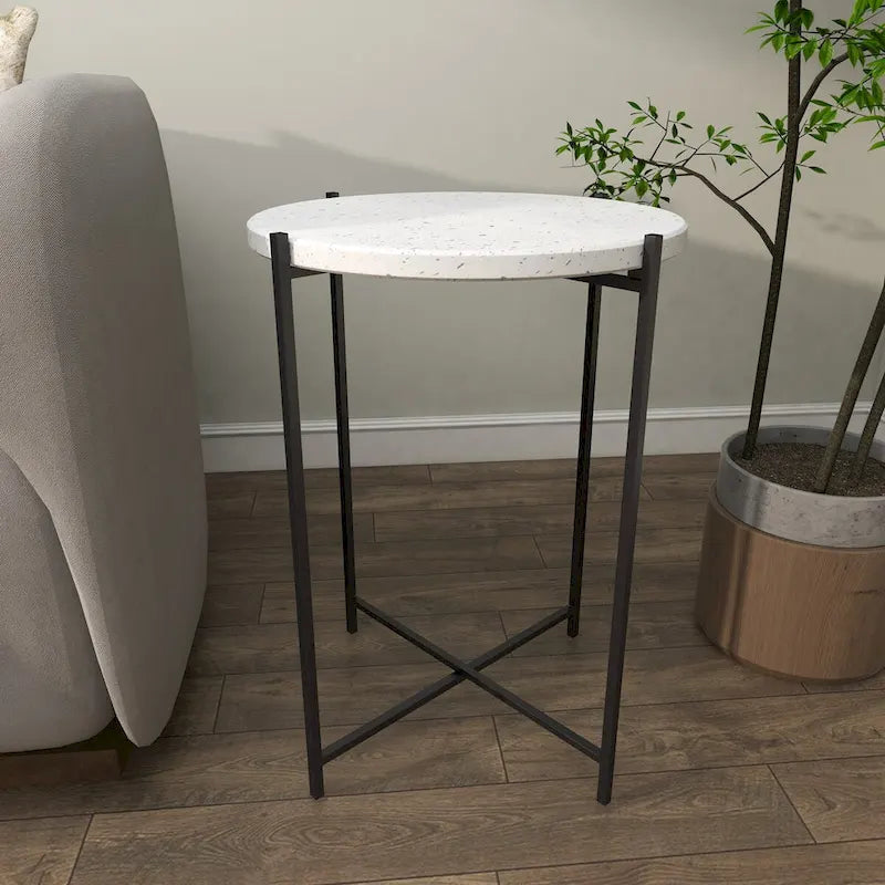 Table d'appoint terrazzo avec support métallique noir en forme de X - blanc