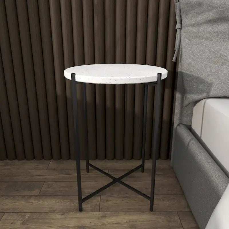 Table d'appoint terrazzo avec support métallique noir en forme de X - blanc