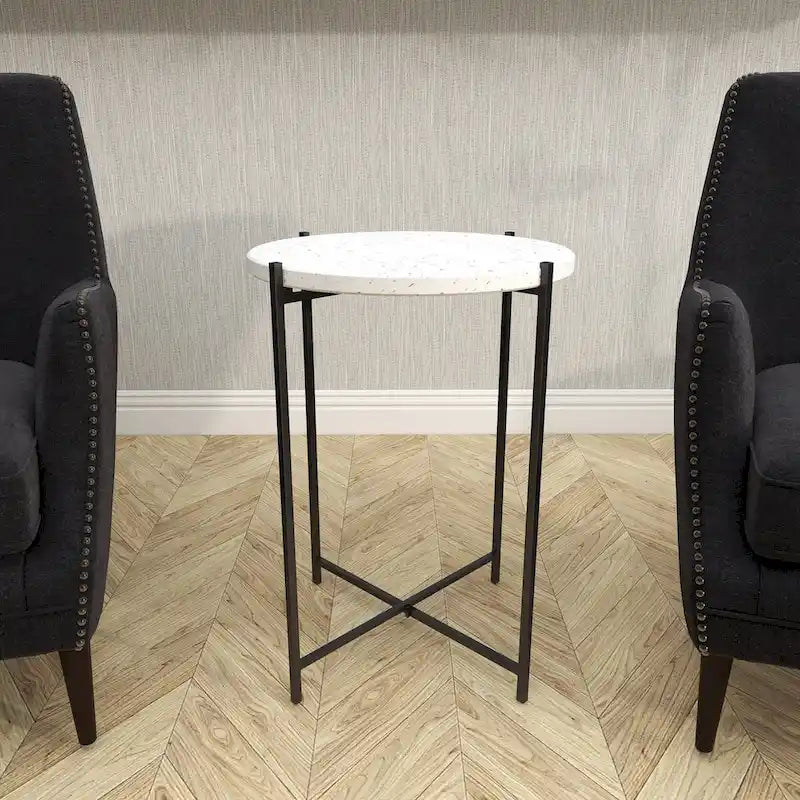 Table d'appoint terrazzo avec support métallique noir en forme de X - blanc