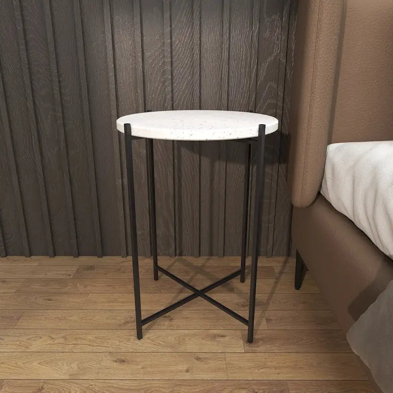 Table d'appoint terrazzo avec support métallique noir en forme de X - blanc