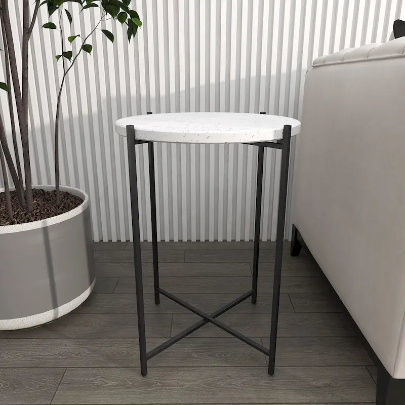 Table d'appoint terrazzo avec support métallique noir en forme de X - blanc