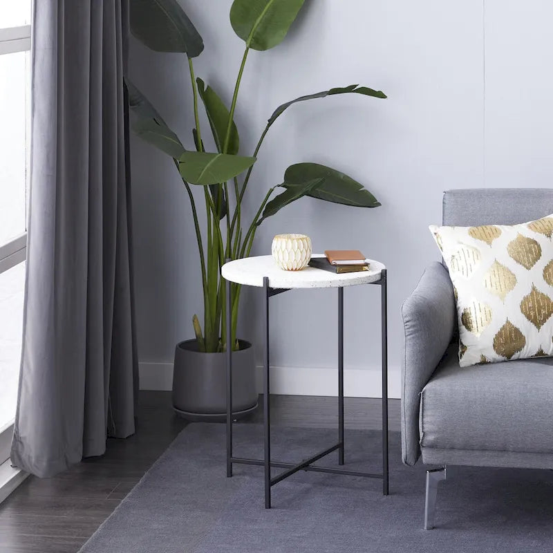 Table d'appoint terrazzo avec support métallique noir en forme de X - blanc