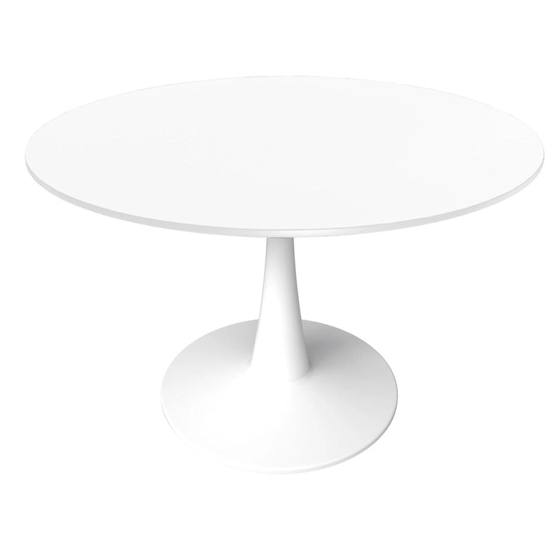 Cette table à manger ronde peut accueillir quatre personnes et dispose d'un plateau en bois MDF et d'une base en acier blanc, la rendant adaptée aux cuisines comme aux salles à manger.