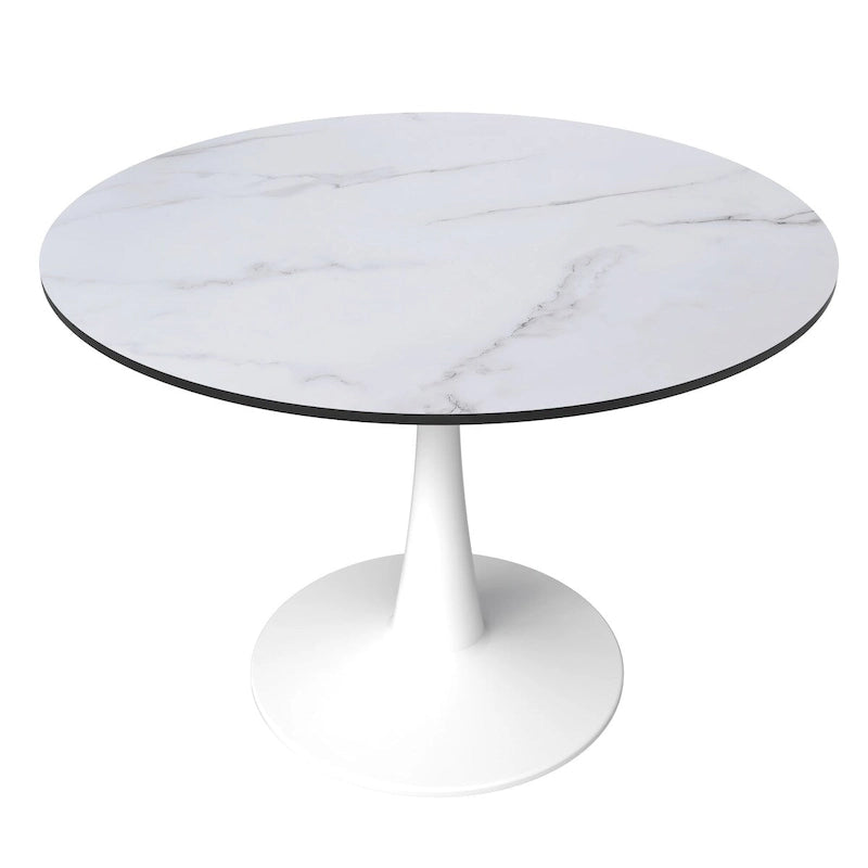 Cette table à manger ronde peut accueillir quatre personnes et dispose d'un plateau en bois MDF et d'une base en acier blanc, la rendant adaptée aux cuisines comme aux salles à manger.